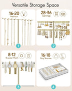 Vlando 3 Tier Jewelry Stand Organizer with Tary, Leather Jewelry Holder Display for Women, Gold Jewlery Holder Display for Necklace, Earring, Bracelet, Rings - White
