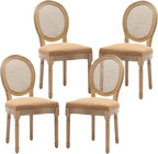 French Country Dining Chairs Set of 4,Farmhouse Upholstered Dining Room Chairs with Round Back and Solid Leg,Rattan Kitchen Chairs for Kitchen/Bedroom/Dining Room,Tan