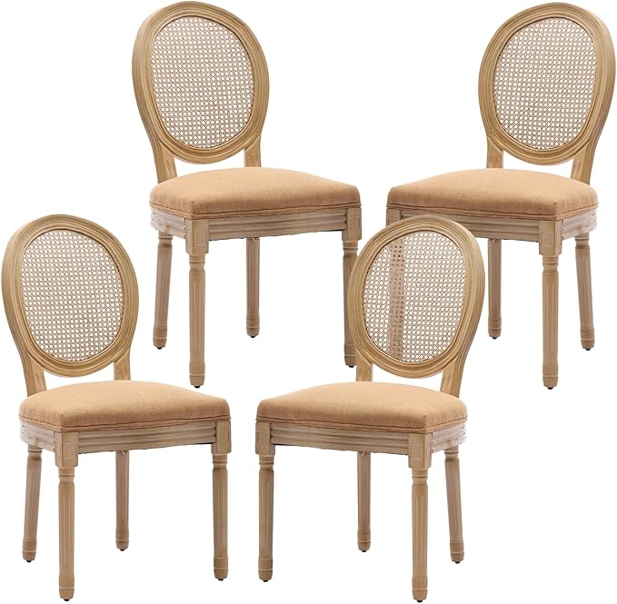 French Country Dining Chairs Set of 4,Farmhouse Upholstered Dining Room Chairs with Round Back and Solid Leg,Rattan Kitchen Chairs for Kitchen/Bedroom/Dining Room,Tan