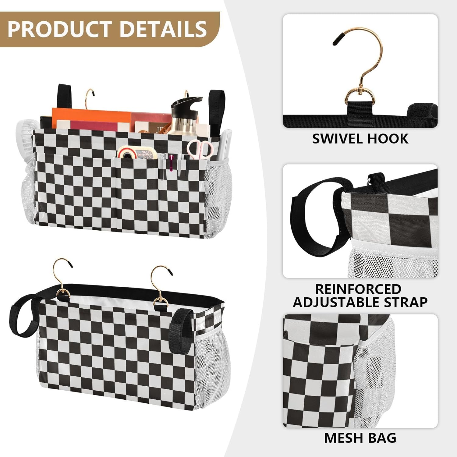 Checkered Black Bedside Caddy for Dorm Bed Bedside Hanging Caddy Bag Iron Frame Storage Organizer Pocket for Bunk Home College Hospital Beds 2 Hooks