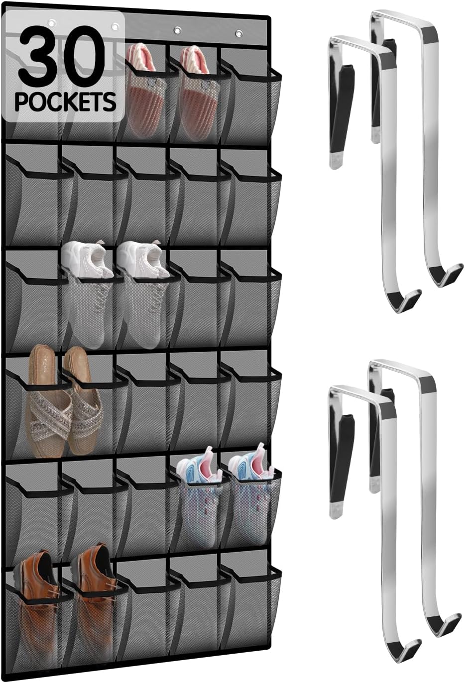 Kotkn Over the Door Shoe Organizer with 30 Breathable Mesh Pockets - Large Capacity Closet Storage for Men & Women, Hanging Shoe Rack Organizer (Gray)