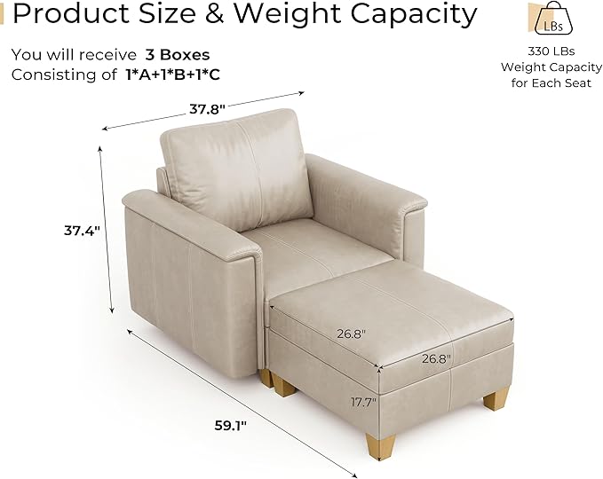 SITJOY Faux Leather Modular Sectional Sofa with Storage, Mid Century Modern Sectional Couches for Living Room, Soft Padded Armrests, Chaise Lounge with Ottoman, Greige