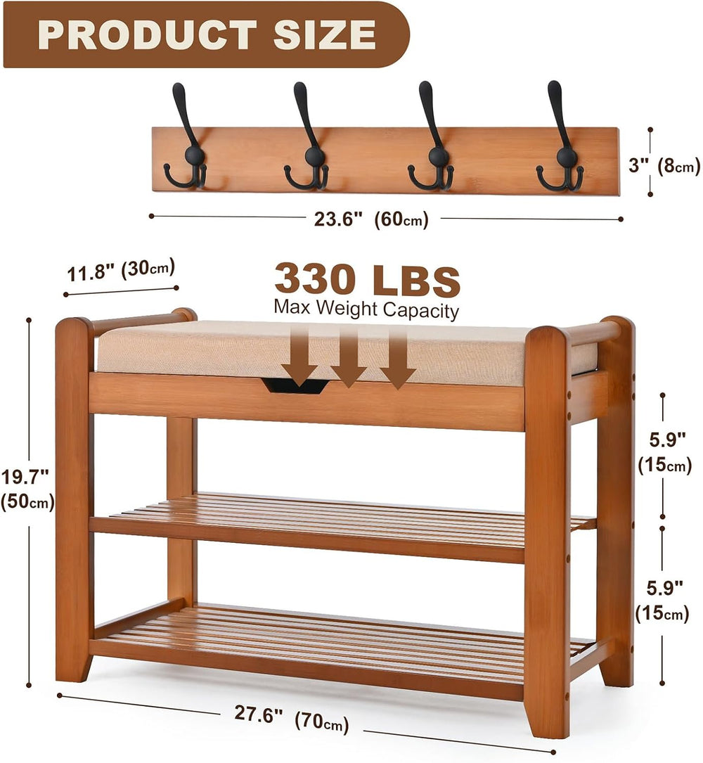 27.6in Shoe Rack with Storage Bamboo Entryway Bench with Drawer & Hooks