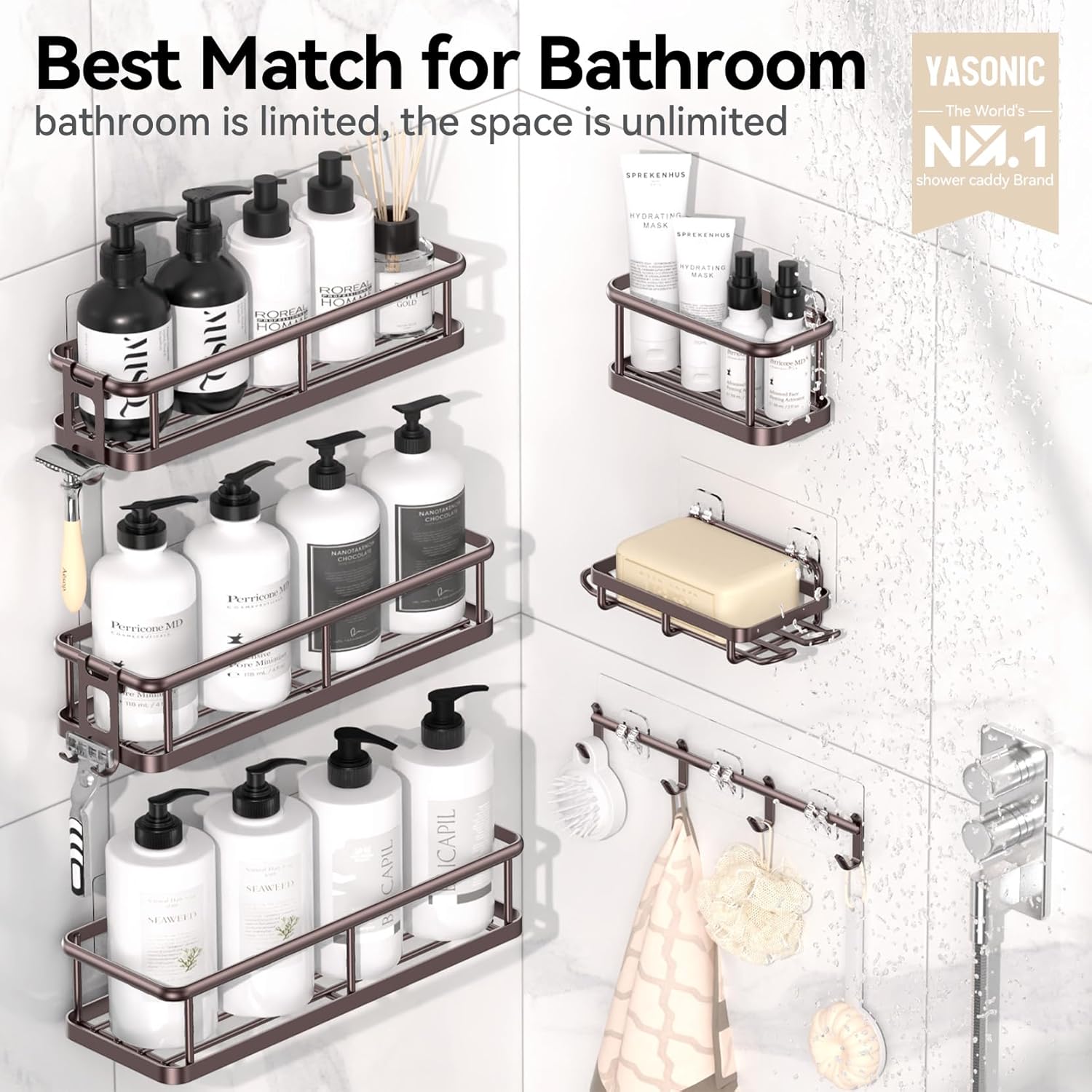 YASONIC Shower Caddy, 6 Pack Large Capacity shower Organizer with Soap Holder and 12 Hooks, Rustproof Shower Shelves for Inside Shower, No Drilling&Sleek Bathroom Organizers and Storage Bronze
