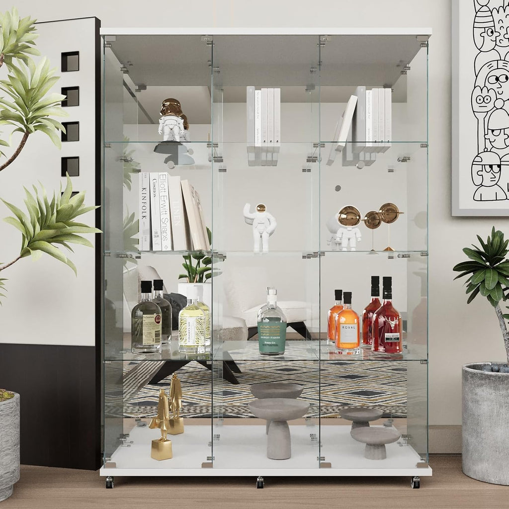 Beauty4U Glass Display Cabinet with Mirror Back Panel, 12 Shelves with 3 Columns, 2 Doors Curio Cabinets for Living Room, Bedroom, Office, White Floor Standing Glass Bookshelf, Quick Installation