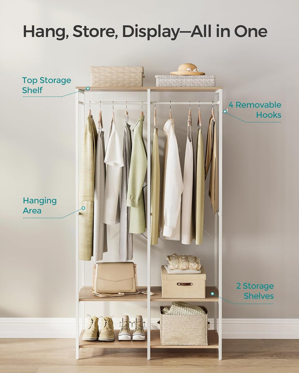 SONGMICS Clothes Rack, Iron and Wood Wardrobe Closet Organizer, Heavy Duty Garment Rack with Hanging Rods, Closet Shelves, Removable Hooks, 15.7 x 37.2 x 70.9 Inches, Natural Beige URGR004W67