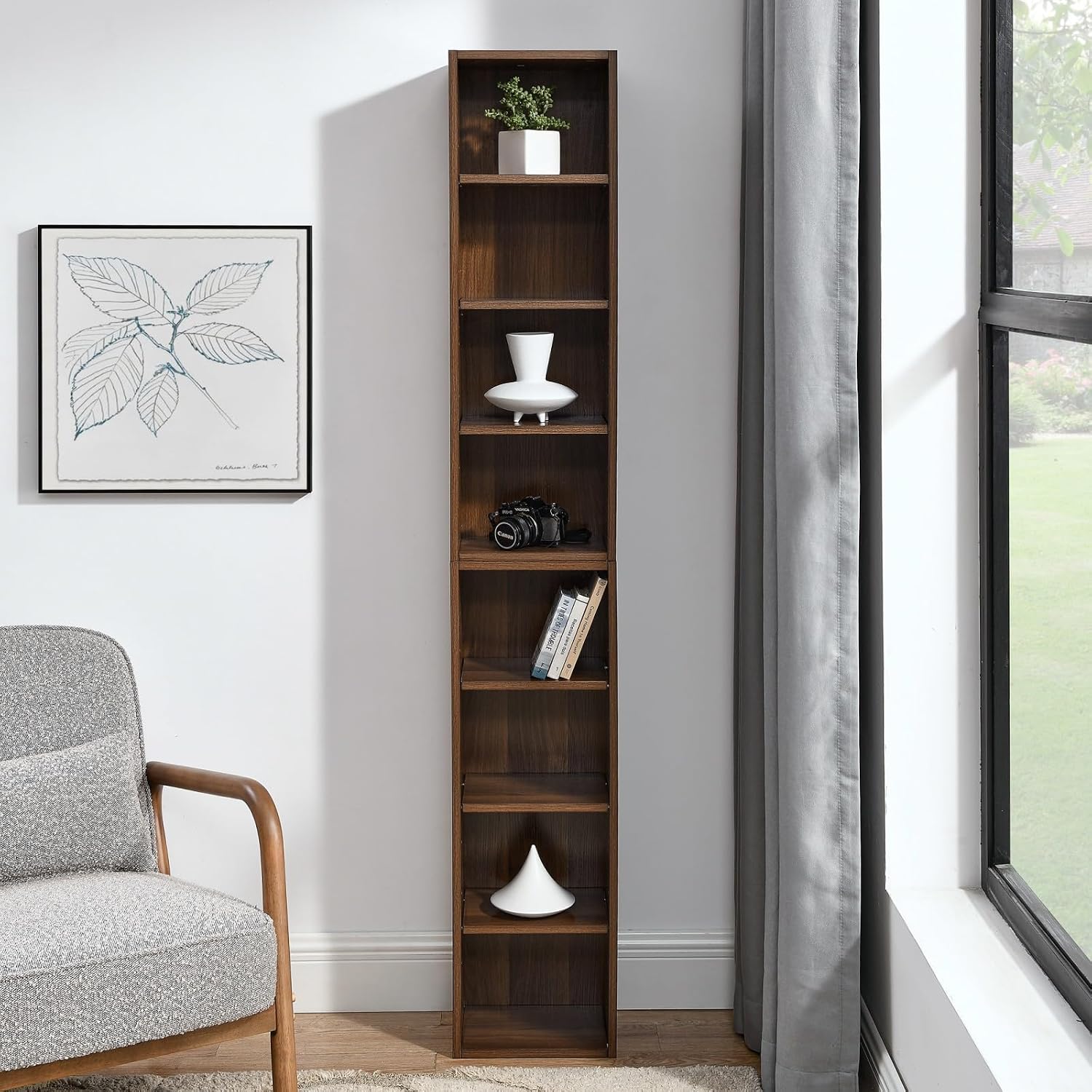 8-Tier CD Storage Cabinet, Slim DVD Shelf Narrow Bookshelf, Disassembled CD DVD Media Tower Rack with Adjustable Shelves for Home Office 11.6l'' x 9.25w'' x 70.8h'' Walnut
