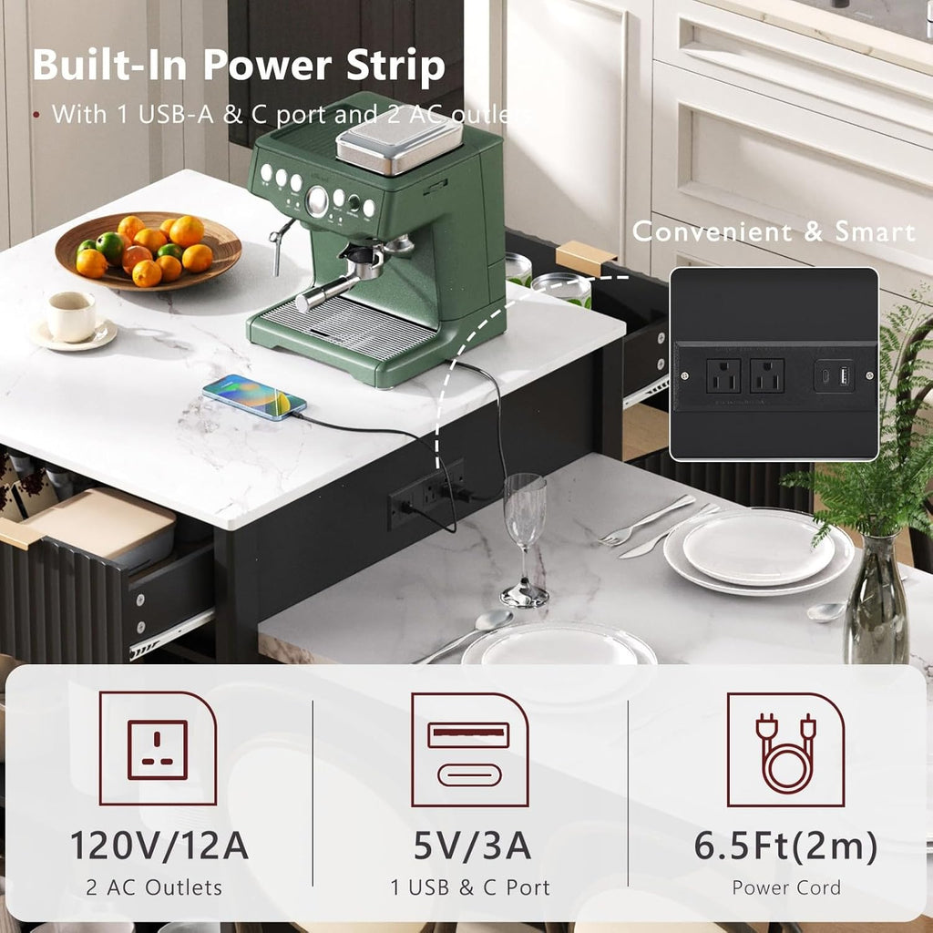 82.6" Fluted Kitchen Island with Extendable Dining Table for 4-6 | Large Island Table for Kitchen with Power Outlet, Double-Side Storage, 2 Drawers, 2 Side Open Shelves for Dining Room