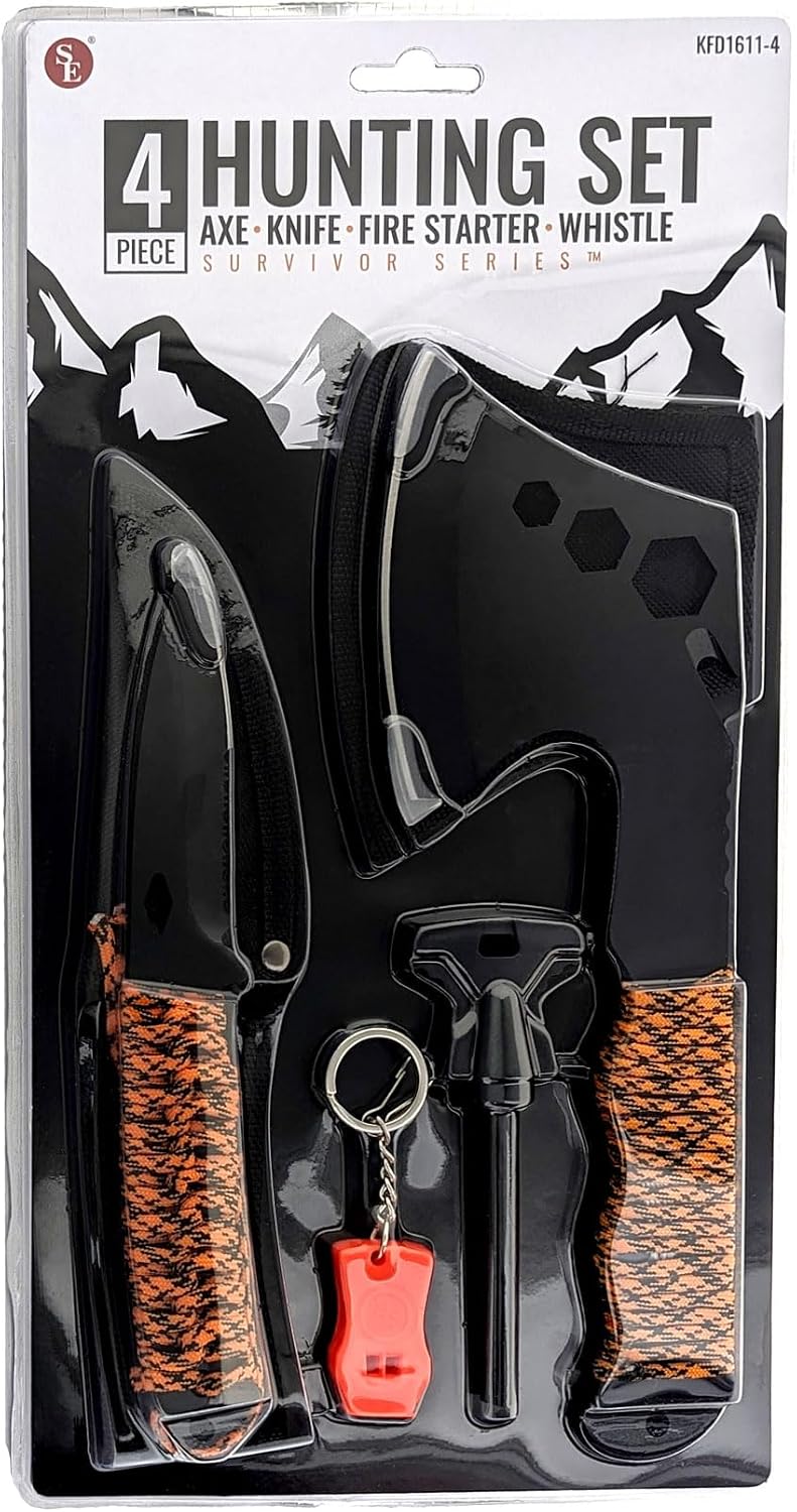 SE 4-Piece Survival Essentials Kit with 10.5-Inch Axe, 8-Inch Drop Point Knif...