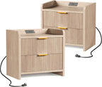 Fluted Nightstand Set of 2, 23.6" Night Stand with Charging Station,Modern Side Table with 2 Drawers,Bedside Table for Bedroom,Living Room,Natural Oak