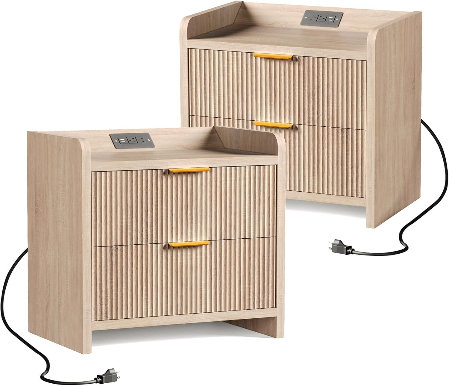 Fluted Nightstand Set of 2, 23.6" Night Stand with Charging Station,Modern Side Table with 2 Drawers,Bedside Table for Bedroom,Living Room,Natural Oak