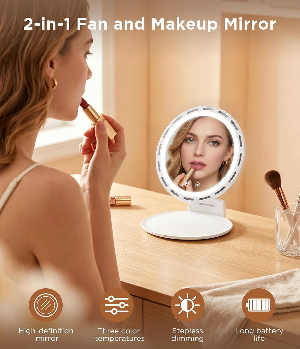 Travel Makeup Mirror with Fan, Rechargeable, 3 Color Dimmable Lighting