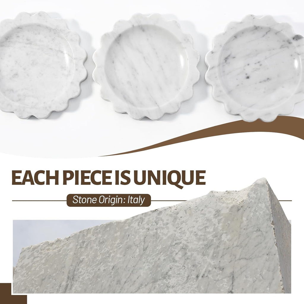 5.51" Scalloped Marble Tray, Round Stone Jewelry Trinket Dish for Ring, Natural Small Marble Tray for Bathroom Kitchen Dresser Countertop, Decorative Candle Tray(Bianco Carrara)