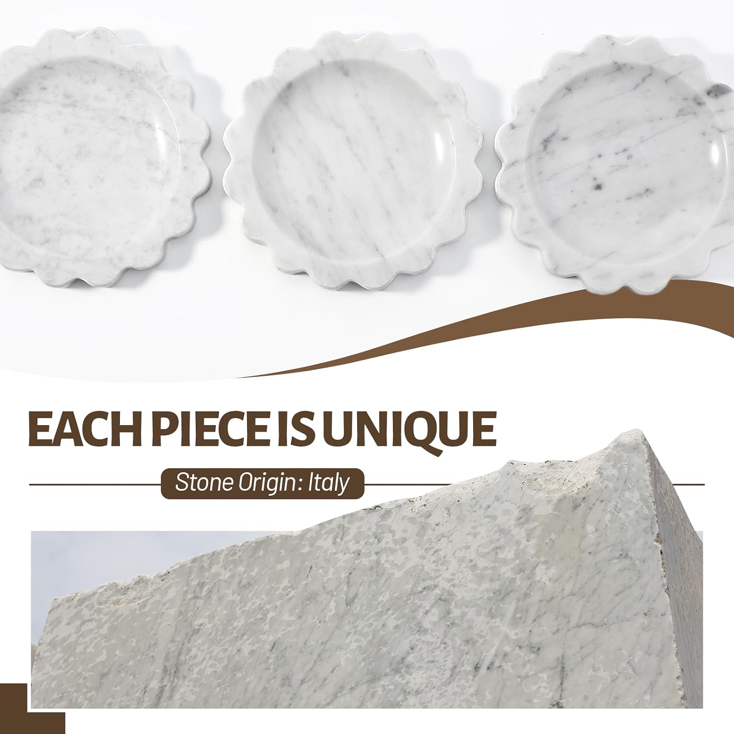 5.51" Scalloped Marble Tray, Round Stone Jewelry Trinket Dish for Ring, Natural Small Marble Tray for Bathroom Kitchen Dresser Countertop, Decorative Candle Tray(Bianco Carrara)