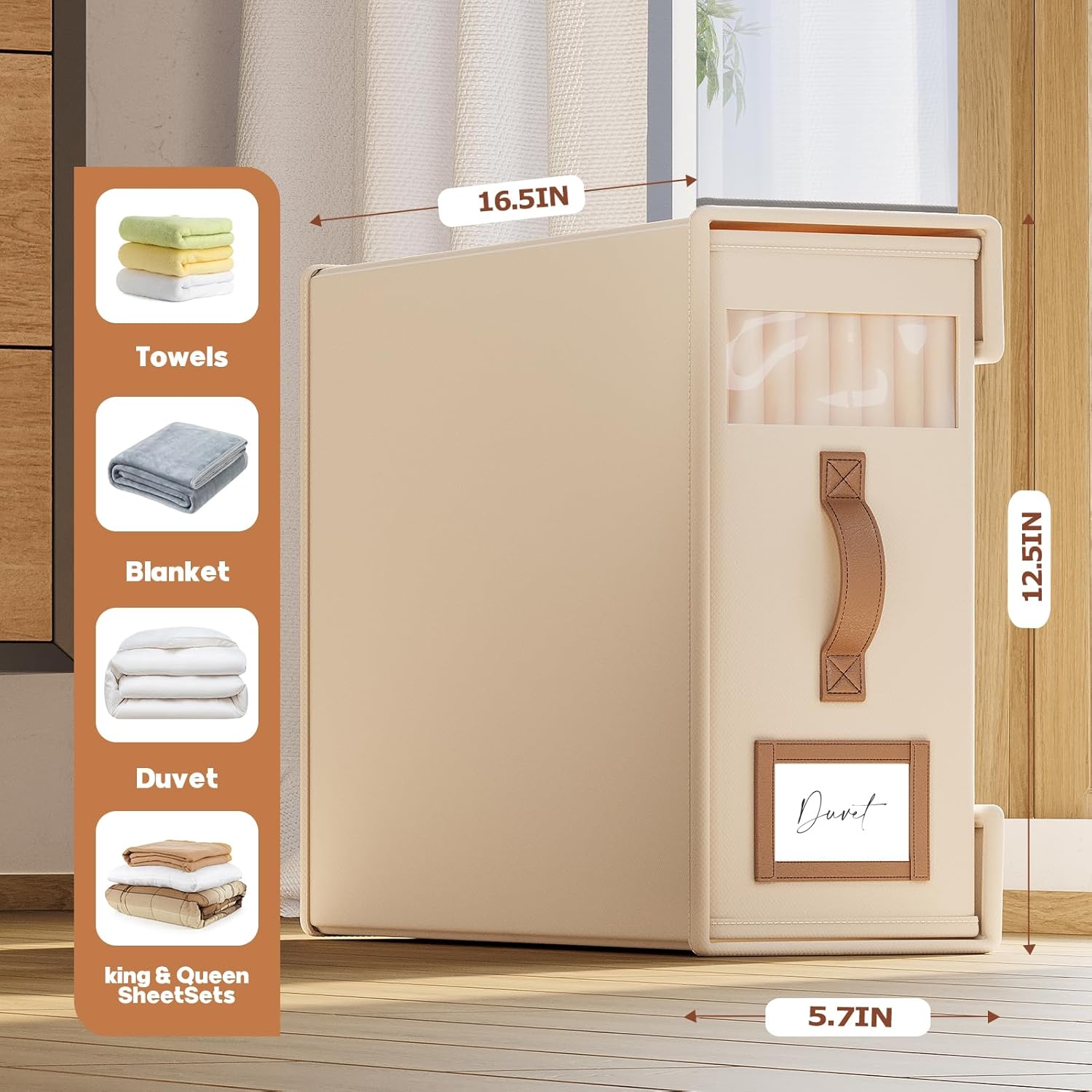 6 Pack Bed Sheet Organizers And Storage(Cal King Size) With Leather Handles,Foldable Linen Closet Organizer With Clear Window,Bedding Storage Box For Blanket,Sheets,Duvet Cover-Beige