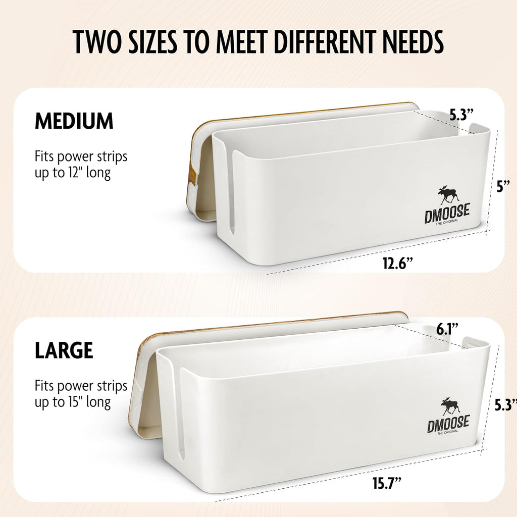 DMoose Cable Management Box - 2 Pack Medium & Large Cord Organizer for Desk & Floor, Cable Organizer Box for Child & Pet - Cable Box Hider for Tidy Office & Home (Wood Print Lid, White Box, Pack of 2)