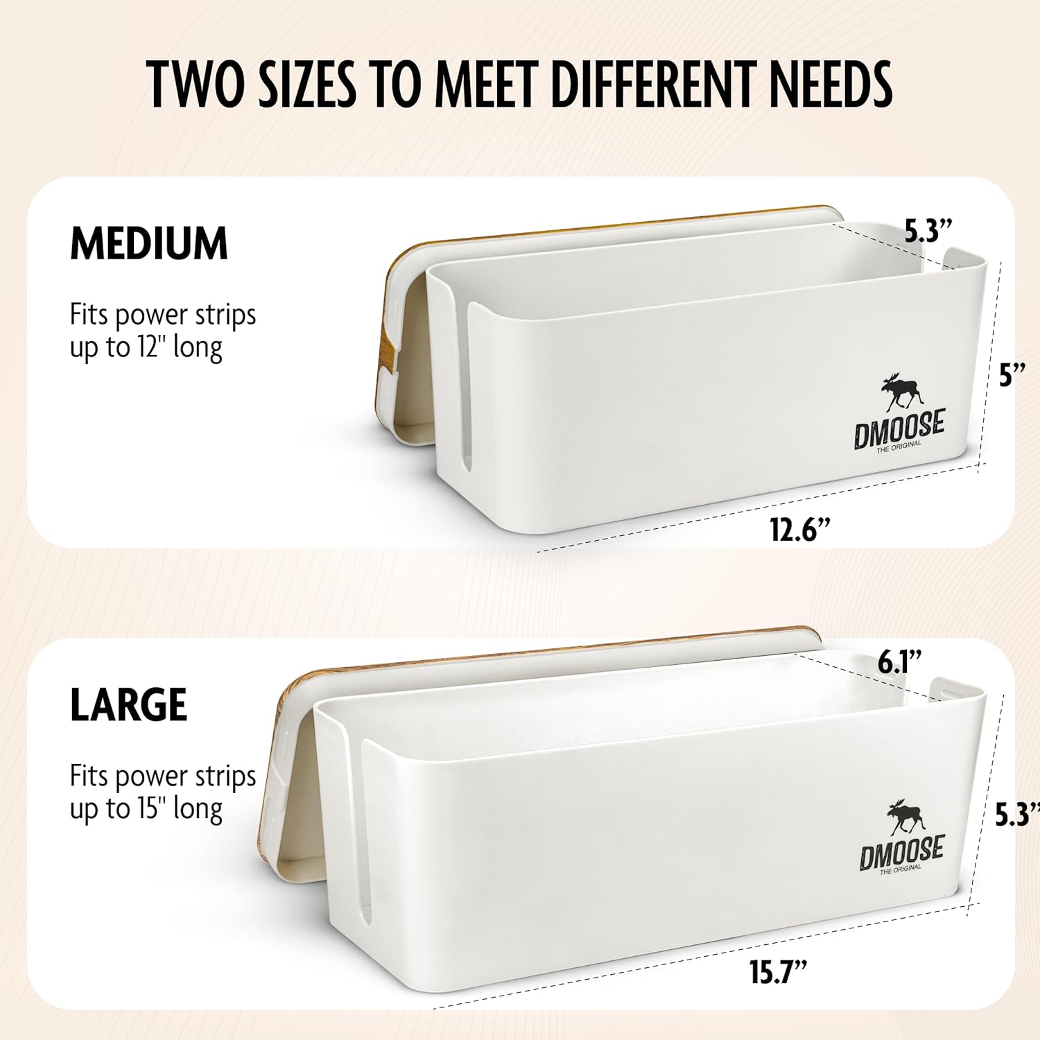 DMoose Cable Management Box - 2 Pack Medium & Large Cord Organizer for Desk & Floor, Cable Organizer Box for Child & Pet - Cable Box Hider for Tidy Office & Home (Wood Print Lid, White Box, Pack of 2)