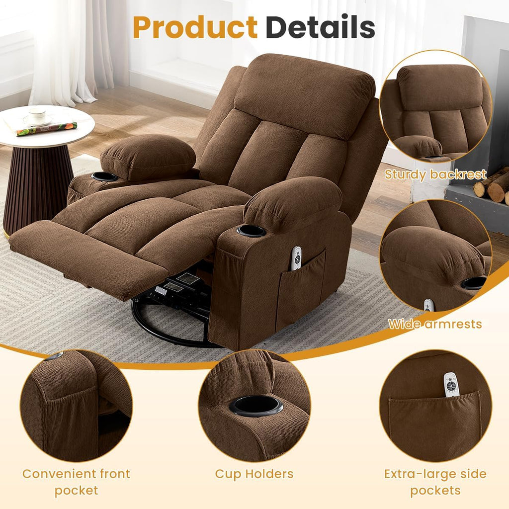 Swivel Rocker Recliner Chair with Vibration Massage & Lumbar Heating, Ergonomic Lounge Chair for Living Room, Rocking Function, Side Pocket, 2 Cup Holders, USB Charging Port