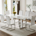 63" White Marble Dining Table Set for 6, Modern Faux Marble Dining Table with Chrome Plate Leg, Kitchen Table with 6 PU Chairs for Kitchen Dining Room, White
