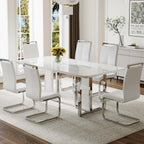 63" White Marble Dining Table Set for 6, Modern Faux Marble Dining Table with Chrome Plate Leg, Kitchen Table with 6 PU Chairs for Kitchen Dining Room, White