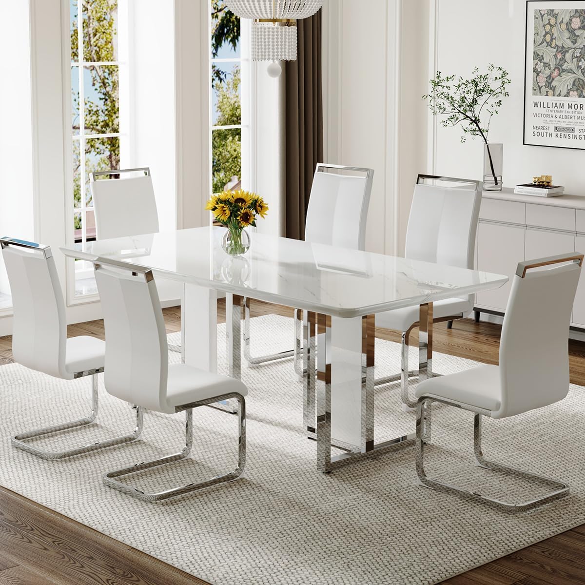 63" White Marble Dining Table Set for 6, Modern Faux Marble Dining Table with Chrome Plate Leg, Kitchen Table with 6 PU Chairs for Kitchen Dining Room, White