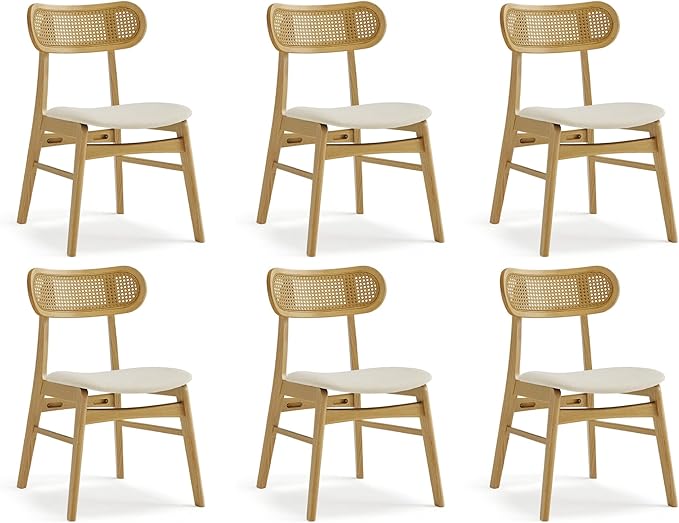 Wooden Dining Chairs Set of 6, Upholstered Modern Dining Room Chairs, Mid Century Oak Wood Kitchen Chairs with Rattan Backrest for Farmhouse, Kitchen, Restaurant (Cream Fabric & Original Color)