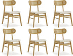 Wooden Dining Chairs Set of 6, Upholstered Modern Dining Room Chairs, Mid Century Oak Wood Kitchen Chairs with Rattan Backrest for Farmhouse, Kitchen, Restaurant (Cream Fabric & Original Color)