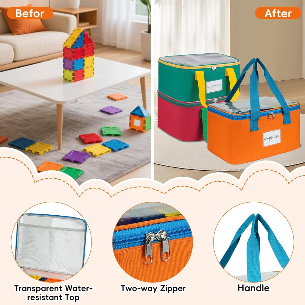 3 Packs Large Magnetic Tiles Storage Bags,Magnetic Tiles Storage Bin,Toy Organizer Case with Mesh Pocket and Tag Pocket for Magnet Building Tiles,Board Game,Puzzle and Lego Bricks