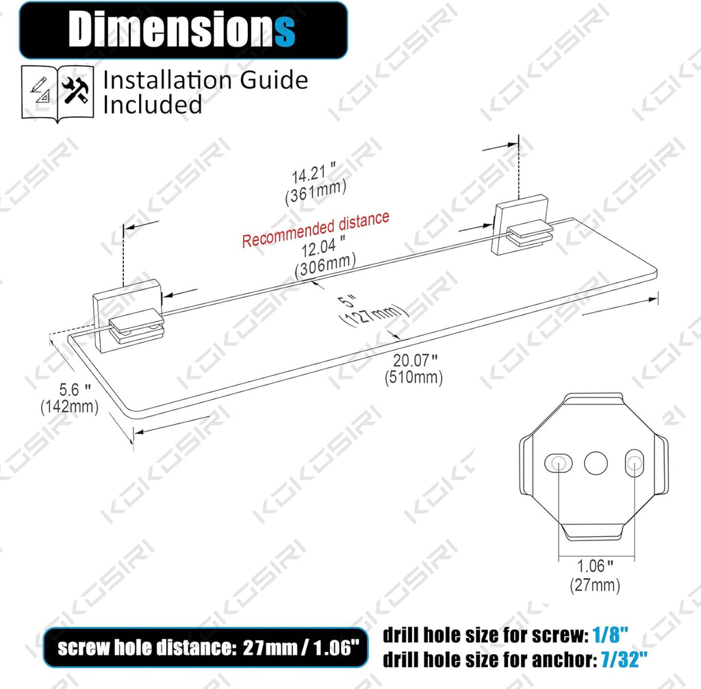 KOKOSIRI Wall Shelves Floating Bathroom Glass Shelf for Kitchen Storage, 20'' x 5.6'' Tempered Glass Wall Mounted Brushed Stainless Steel, 2 Pack B1106BR-L20-P2