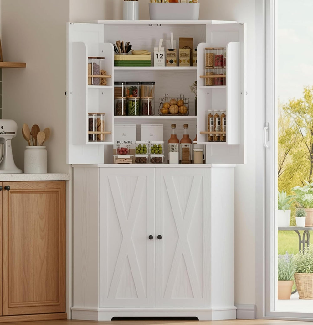 IRONCK Corner Cabinet, 72" Farmhouse Pantry Storage Cabinet, White | 6 T...