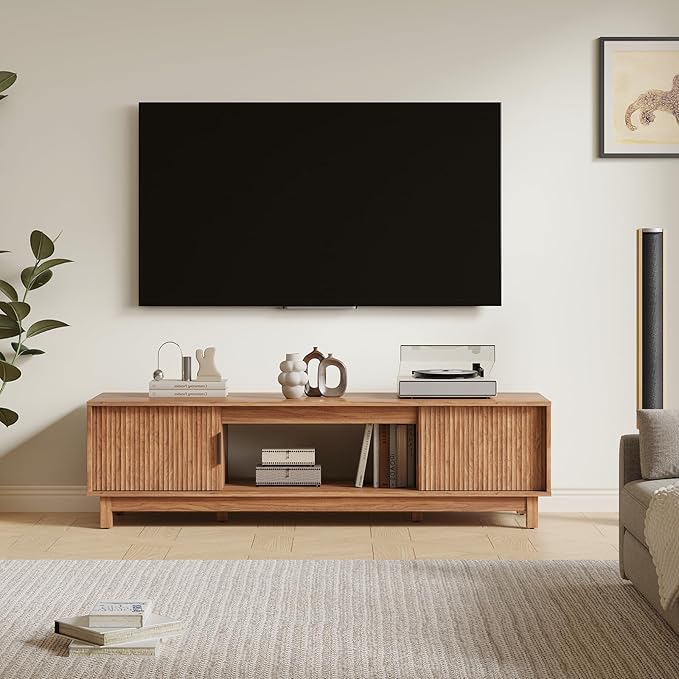 DUMOS Mid Century Modern TV Stand, Mocha Brown Wood Entertainment Center with Storage Cabinets, Media Console Table with Straight Legs & Cable Management for Living Room, Bedroom, Office 58"