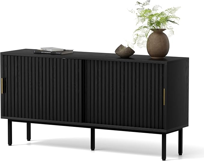 Black Fluted Tv Stand with Sliding Doors, 47" Mid Century Entertainment Center with Adjustable Shelf, Wooden Media TV Console with Storage Cabinet