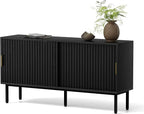 Black Fluted Tv Stand with Sliding Doors, 47" Mid Century Entertainment Center with Adjustable Shelf, Wooden Media TV Console with Storage Cabinet