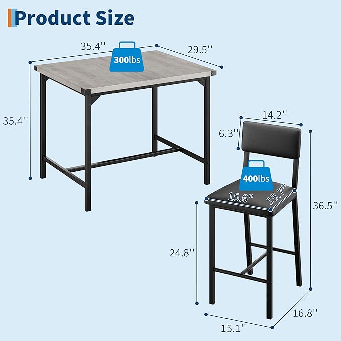 IDEALHOUSE Dining Table Set for 4 w/Footrest & Corner Protector, 5-Piece Kitchen Table Set with Counter Height Table & 4 Upholstered Bar Stools, for Kitchen Room, Apartment, Pub, Retro Gray