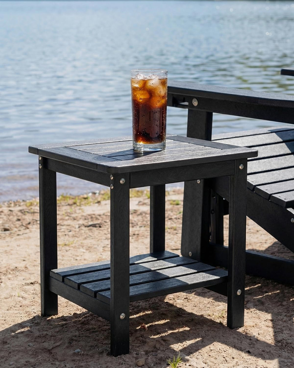 Outdoor Side Table, 2-Tier HDPE Small Patio Table, Black