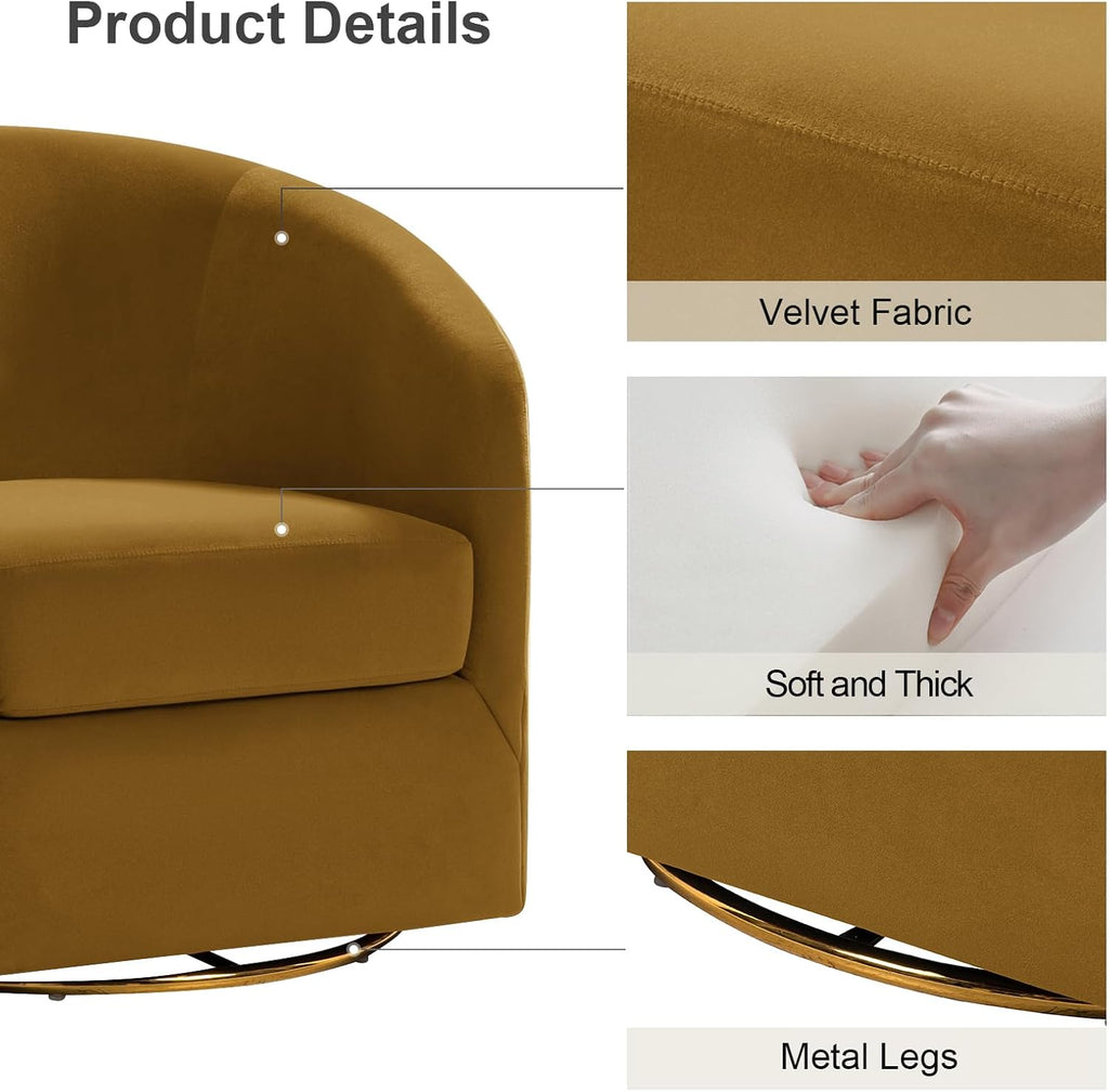 HULALA HOME Swivel Accent Chair with Gold Metal Base, Contemporary Velvet Curved Swivel Barrel Chair, Upholstered Club Armchair, Leisure Single Sofa for Living Room, Nursery, Bedroom(Golden)