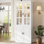 MEISSALIVVE Kitchen Pantry Storage Cabinet with LED Lights, 78.7" Tall with Glass Doors & Drawers, Freestanding Utility Cabinet, White (31.5" W x 15.7" D)