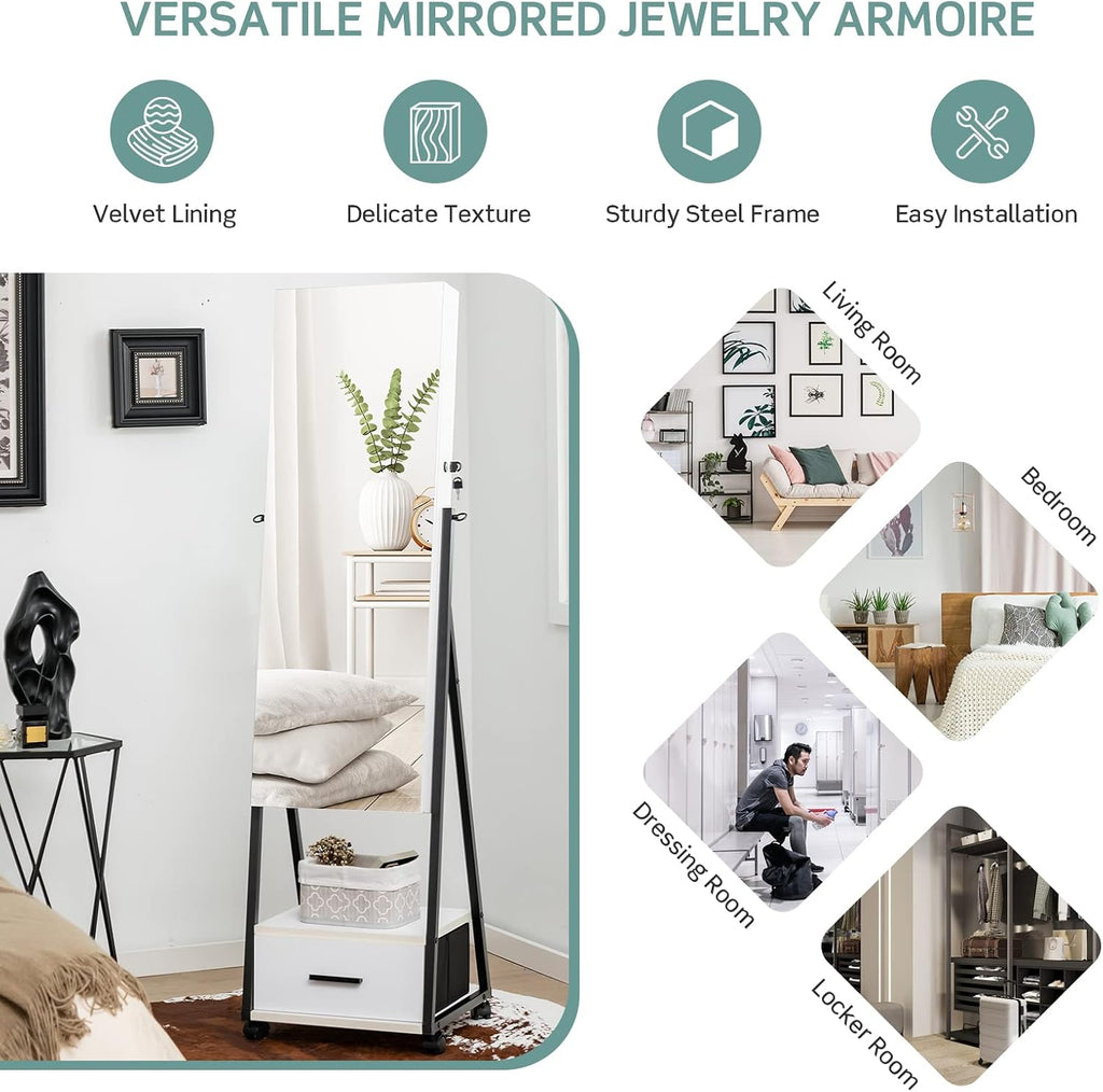 COSTWAY Mirror Jewelry Cabinet with Wheels, Standing Full-length Mirror with Jewelry Storage, Lockable Jewelry Organizer Box with Drawers, Rolling Jewelry Armoire for Women Girls Bedroom (White)