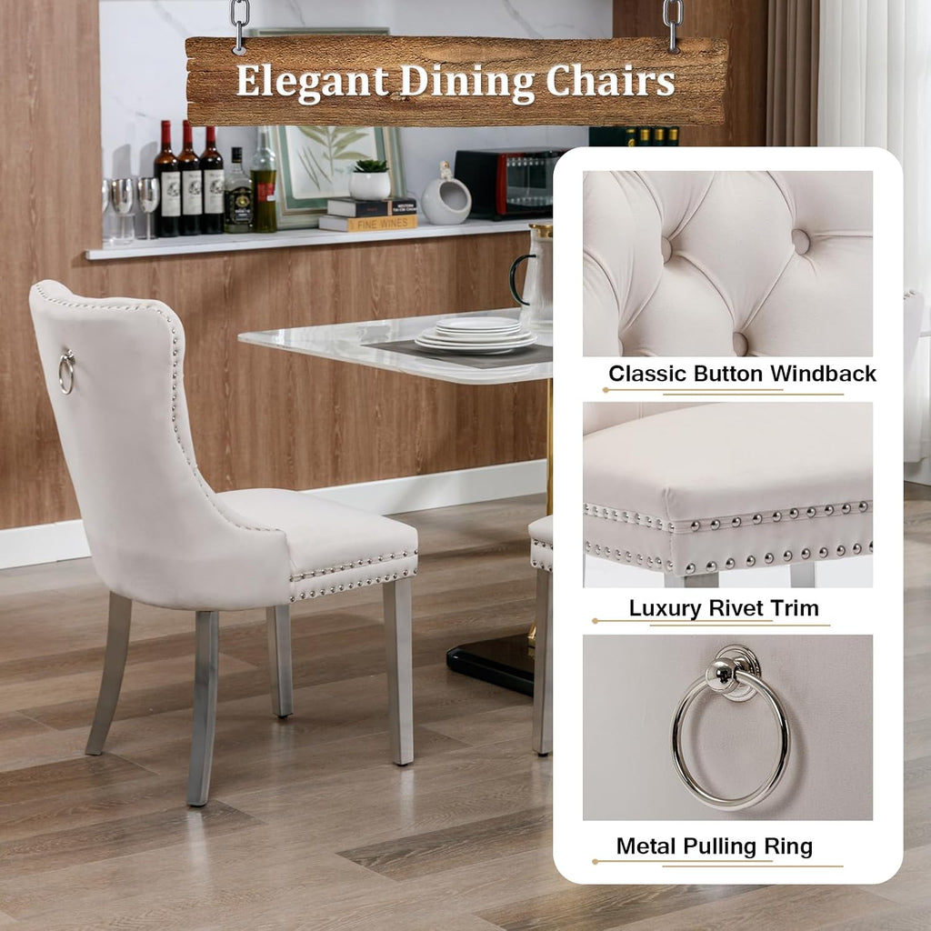 Glass Dining Table Set for 4, Modern Kitchen Table and Chairs Set of 4, 5-Piece Kitchen Dining Room Table Set w/61 Glass Silver Dining Table and 4 Beige Velvet Upholstered Chairs