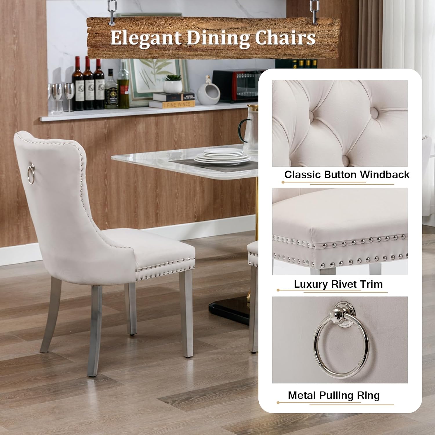 Glass Dining Table Set for 4, Modern Kitchen Table and Chairs Set of 4, 5-Piece Kitchen Dining Room Table Set w/61 Glass Silver Dining Table and 4 Beige Velvet Upholstered Chairs