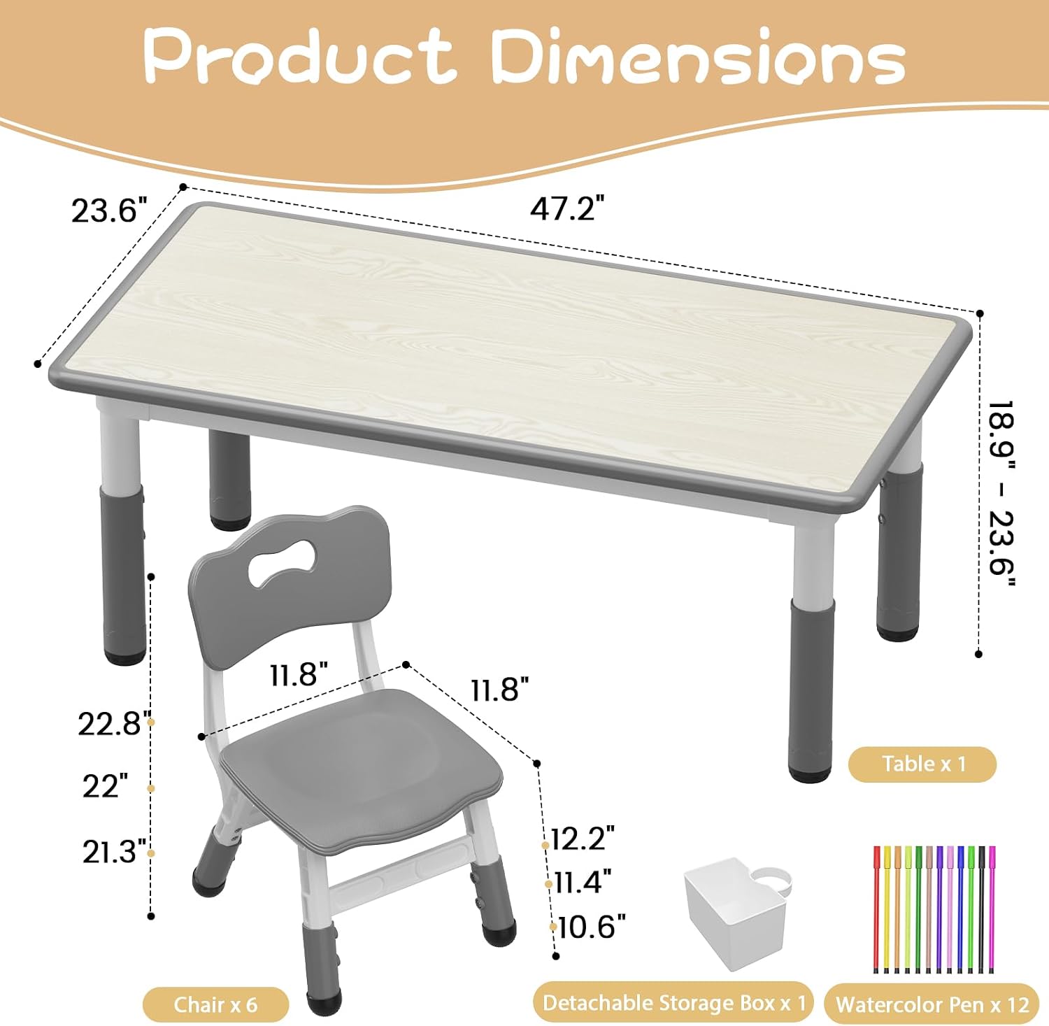 IDEALHOUSE Kids Table and 6 Chairs Set, 47" l x 24" w Height Adjustable Toddler Activity Table with Storage Boxes & 12 Water Pens, Wipe-Clean Wood Grain Desktop for Home Classroom Daycare Gray