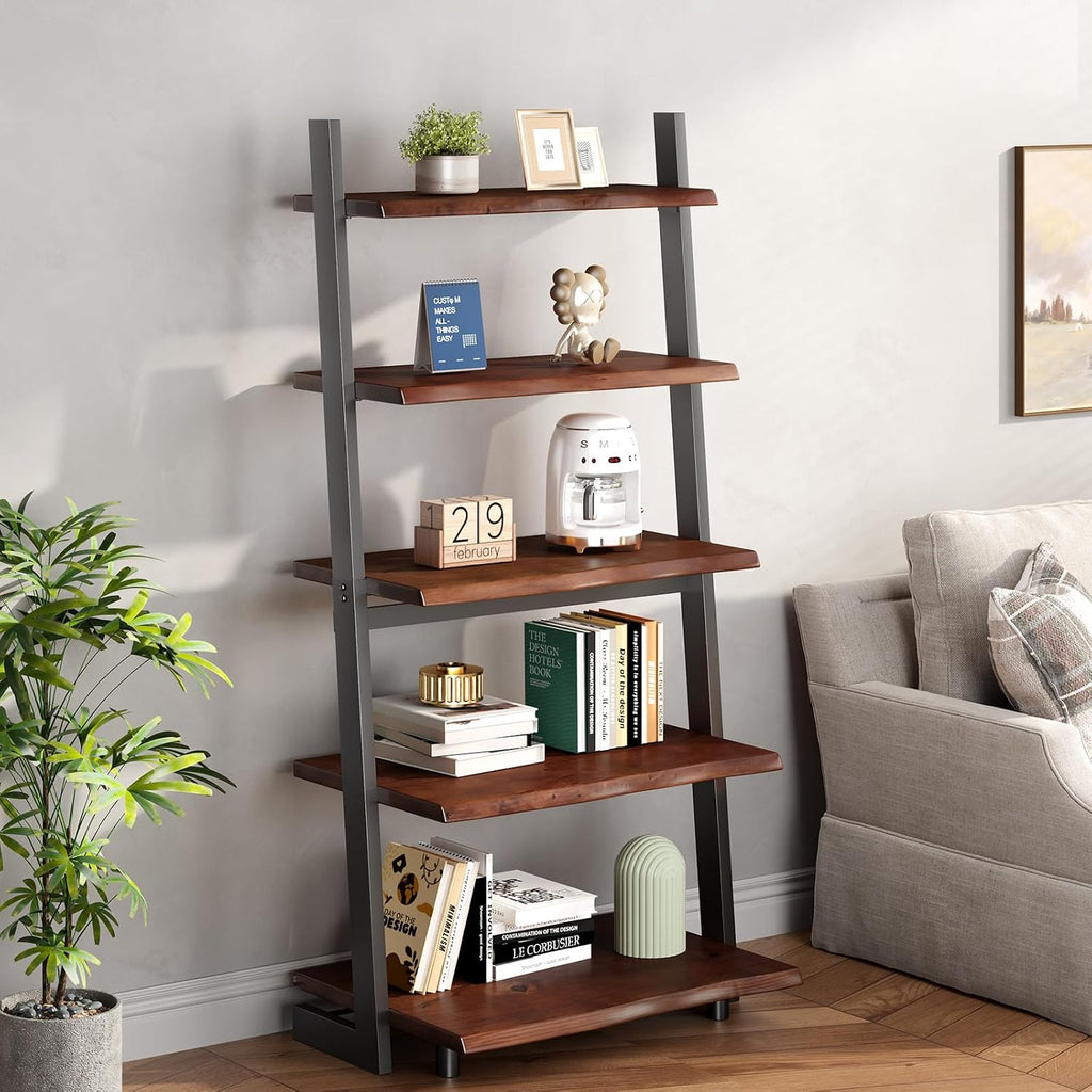 5-Tier Solid Wood Ladder Bookshelf with Natural Live Edge | Rustic Walnut Storage & Display Leaning Bookcase, Modern Space-Saving Shelf for Living Room, Bedroom, Home Office