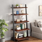 5-Tier Solid Wood Ladder Bookshelf with Natural Live Edge | Rustic Walnut Storage & Display Leaning Bookcase, Modern Space-Saving Shelf for Living Room, Bedroom, Home Office