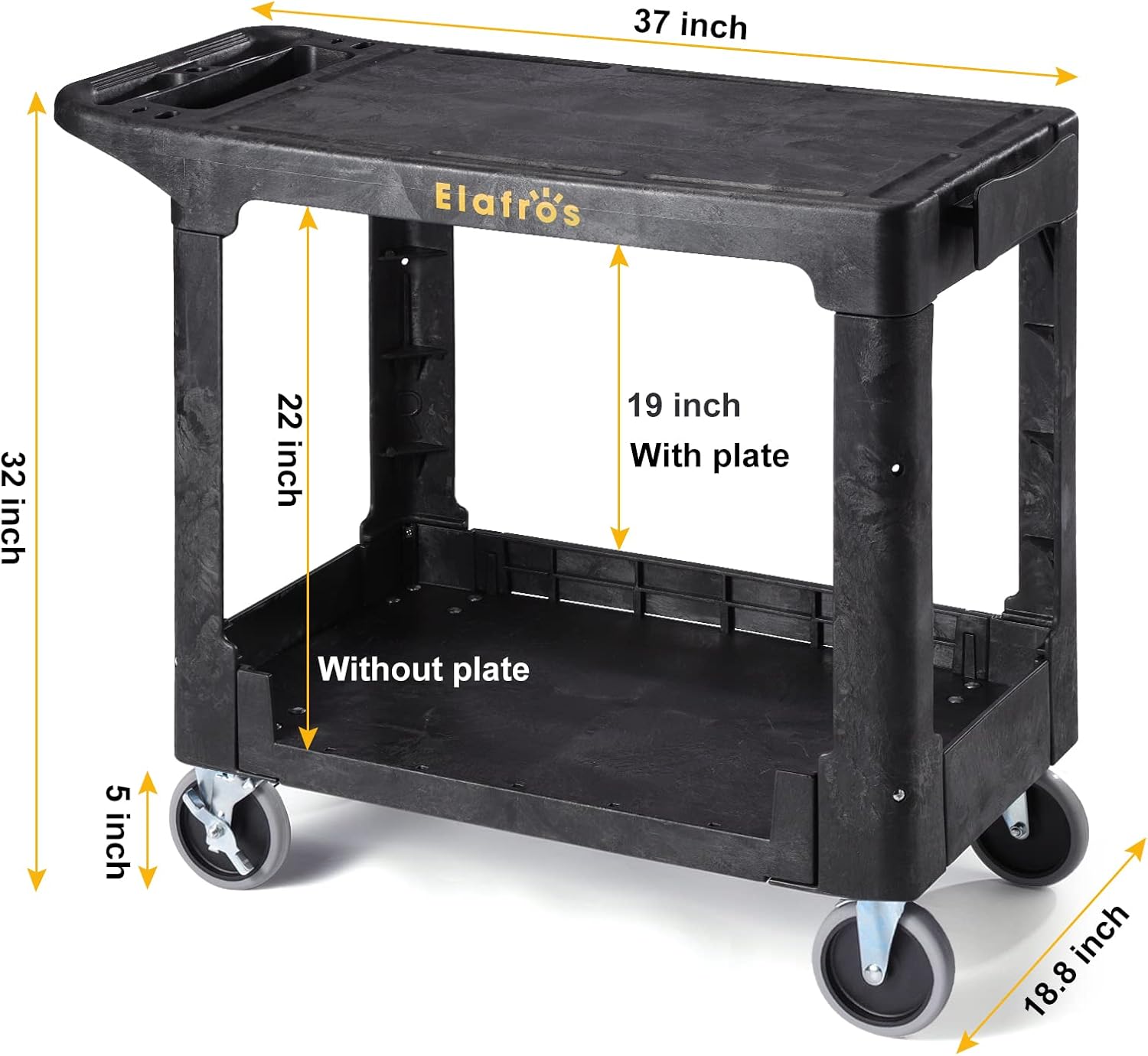 ELAFROS Heavy Duty Plastic Utility Cart, 37 x 18.8 in, Flat Top, Swivel Wheels, 550 lbs Capacity, Black