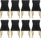 Velvet Upholstered Dining Chairs Set of 8, Modern Style Kitchen Side Chairs with Nailhead Trim and Gold Plated Leg, Metal Pulling Ring for Dining Room Living Room(Black)