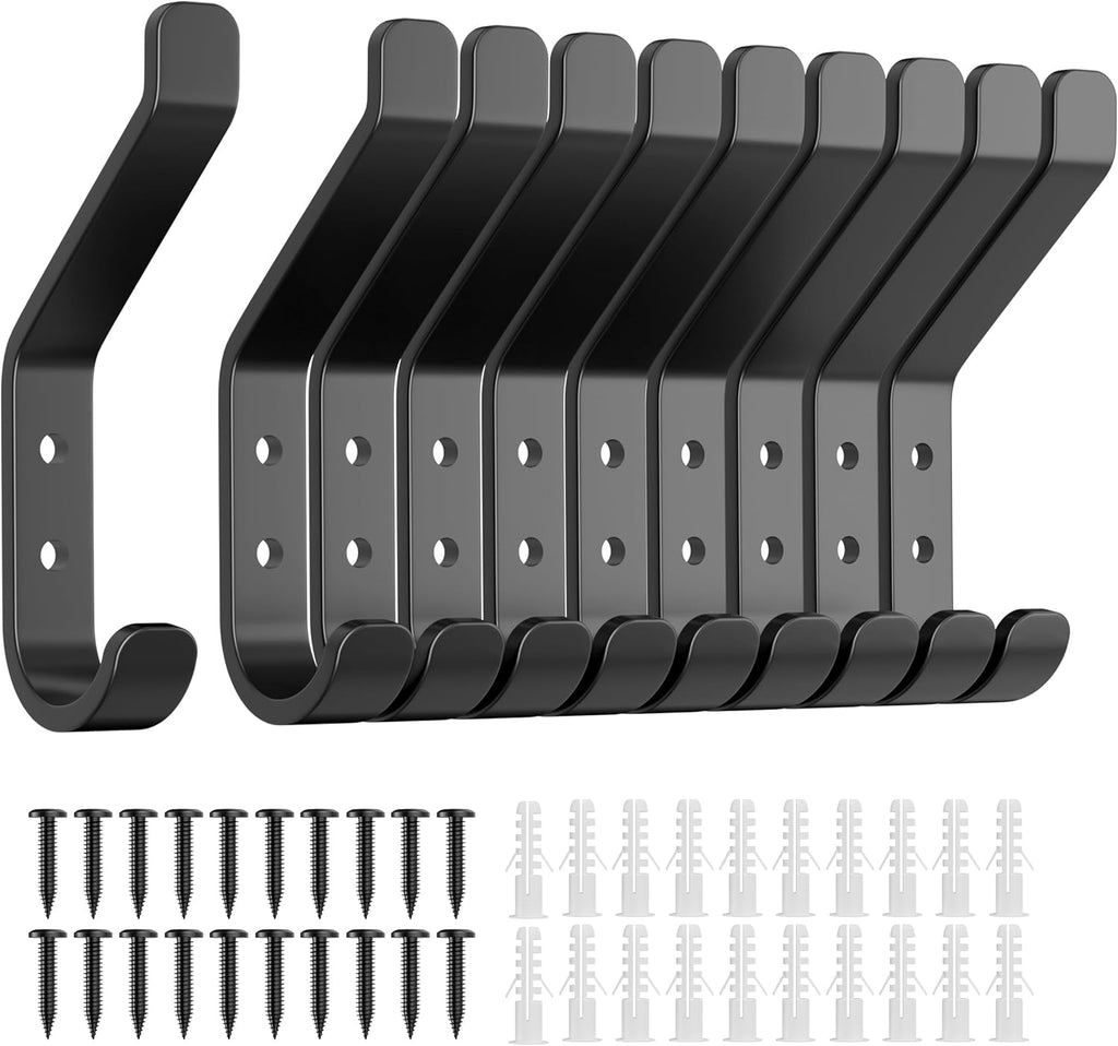 10-Pack Coat Hook for Hanging, 20LB (Max), Stainless Wall Hooks for Towel, Hat, Backpack, Key, Clothes, Wall Mounted Coat Hanger for Closet, Metal, Black, 3.75"