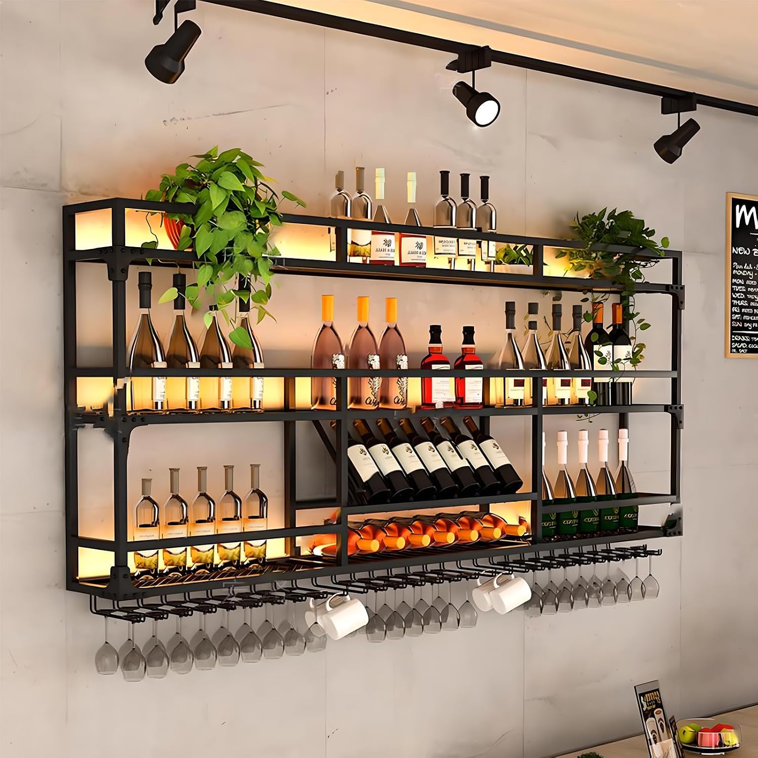 31Inch Metal Wall-Mounted Wine Rack with LED Light - 3 Tier Wine Storage Display Rack with Glass Holder - Space-Saving Bottle Display Shelf for Home Bars, Dining Rooms, Black