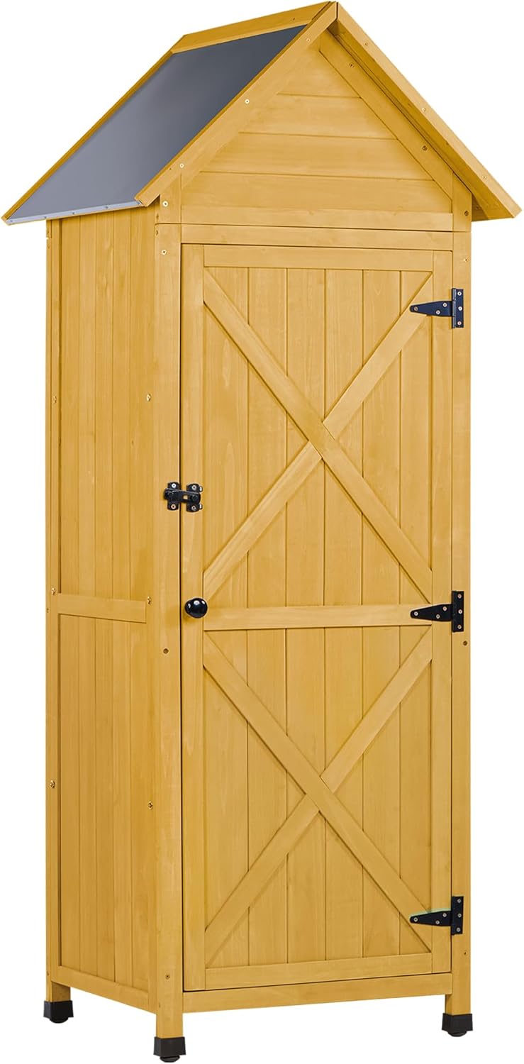 Wooden Outdoor Storage Cabinet,Tall Vertical Garden Tool Shed with Waterproof Metal Roof & Adjustable Feet – Perfect for Yard, Patio, Lawn & Deck (Yellow, 22" x 26" x 67")
