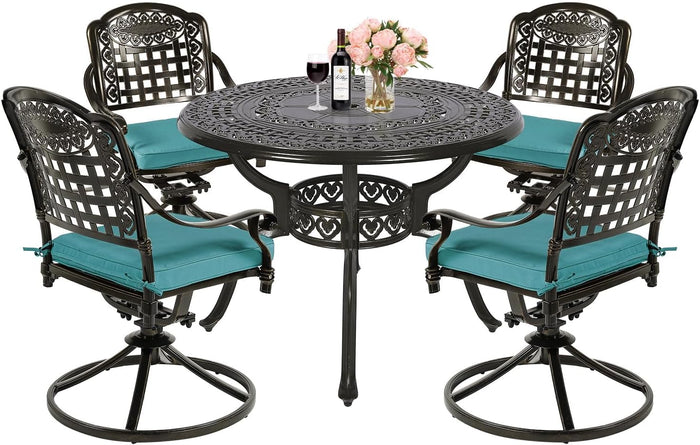 MEETWARM 5-Piece Outdoor Patio Dining Set, All-Weather Cast Aluminum Patio Conversation Set with 4 Cushions Swivel Rocker Chairs for Backyard Deck Garden and 38.5" Round Table, Ocean Blue