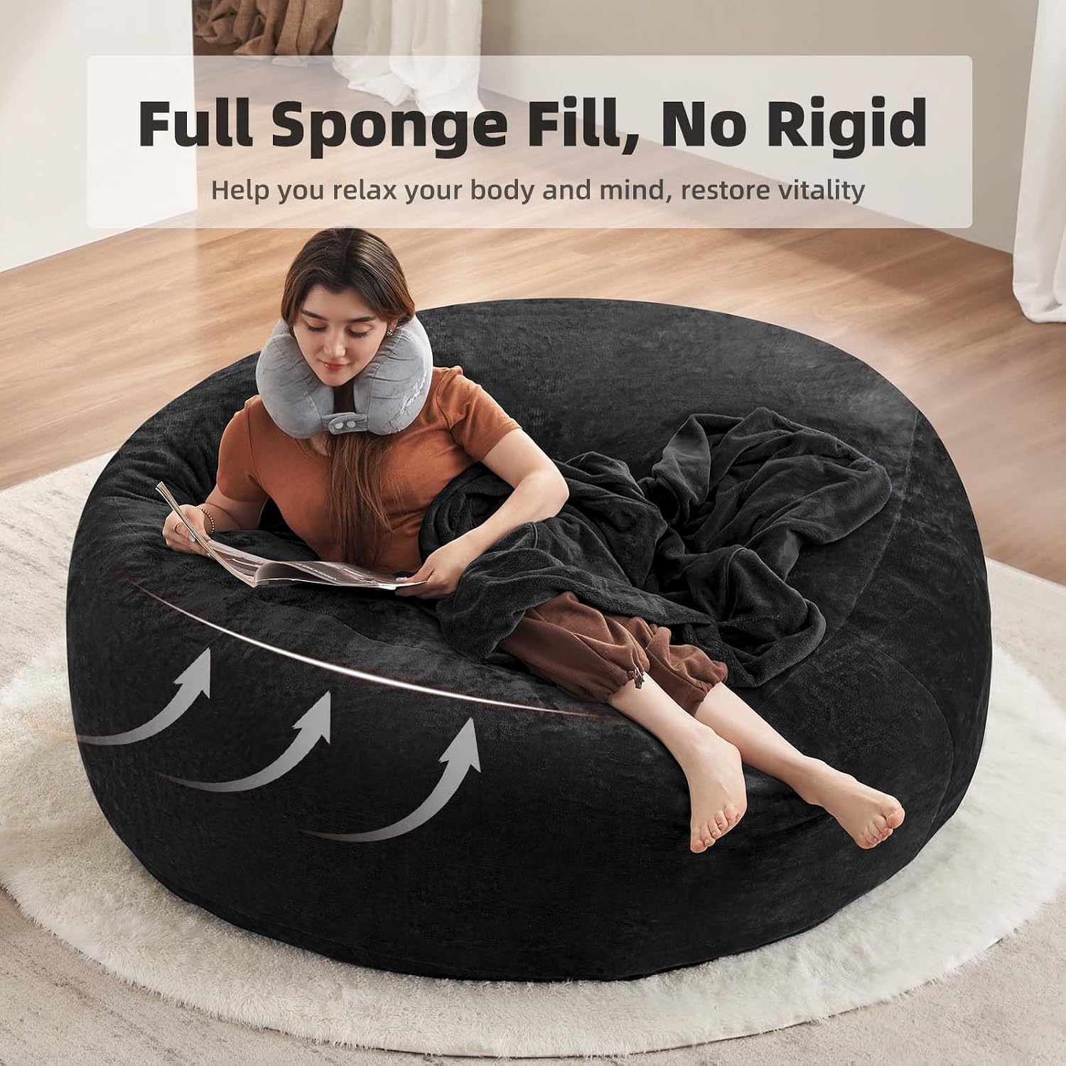 Big Bean Bag Chair 5Ft Memory Foam for Adults, Giant Lounge, Black | Memory Foam Filler, Removable Washable Flannel Cover, Big Bean Bag Lounge Reading Chair for Bedroom Living Room Adults